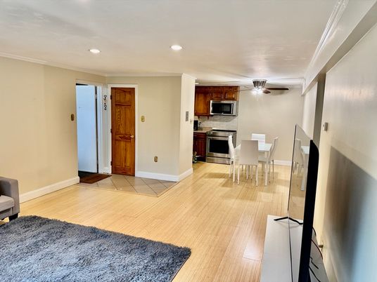 Dining room, Interior, Kitchen, Recessed Lighting, Stainless Steel Appliances, Wood Texture Flooring