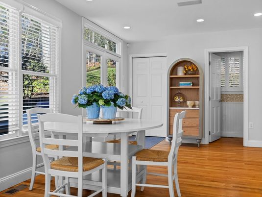 Dining room, Interior, Recessed Lighting, Wood Texture Flooring