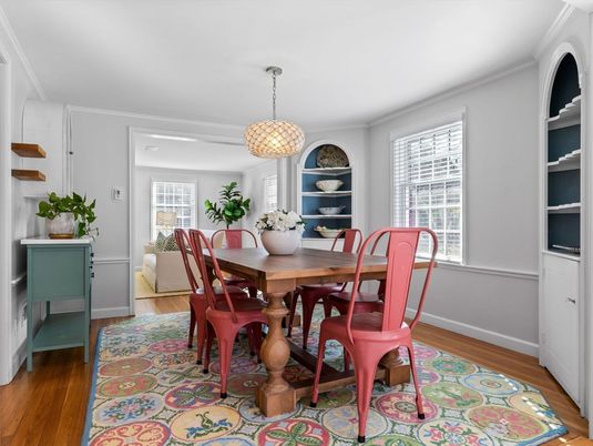 Dining room, Interior, Pendant Lights, Wood Texture Flooring