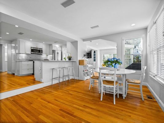 Dining room, Interior, Kitchen, Recessed Lighting, Stainless Steel Appliances, Wood Texture Flooring