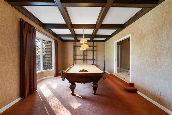 Billiard Table, Game Room, Interior, Pendant Lights, Wooden Beams