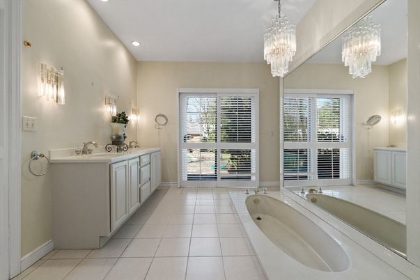 Bathroom, Chandelier, Dual Sink Vanities, Interior, Recessed Lighting