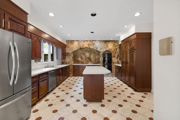 Interior, Kitchen, Recessed Lighting, Stainless Steel Appliances, Stone Walls