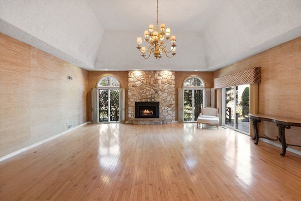 Chandelier, Empty room, Fireplace, Interior, Wood Texture Flooring