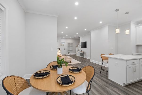 Dining room, Interior, Pendant Lights, Recessed Lighting, Wood Texture Flooring