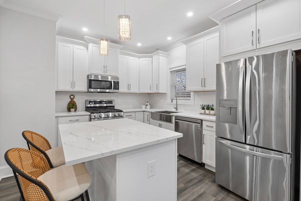 Interior, Kitchen, Pendant Lights, Recessed Lighting, Stainless Steel Appliances, Wood Texture Flooring