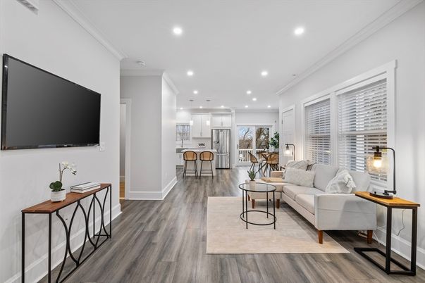 Interior, Kitchen, Living room, Pendant Lights, Recessed Lighting, Stainless Steel Appliances, Wood Texture Flooring