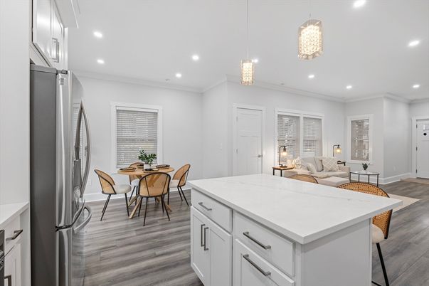 Dining room, Interior, Kitchen, Living room, Pendant Lights, Recessed Lighting, Wood Texture Flooring