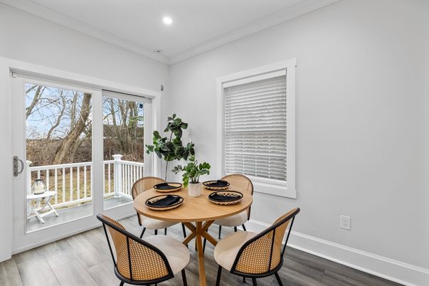 Dining room, Interior, Recessed Lighting, Wood Texture Flooring