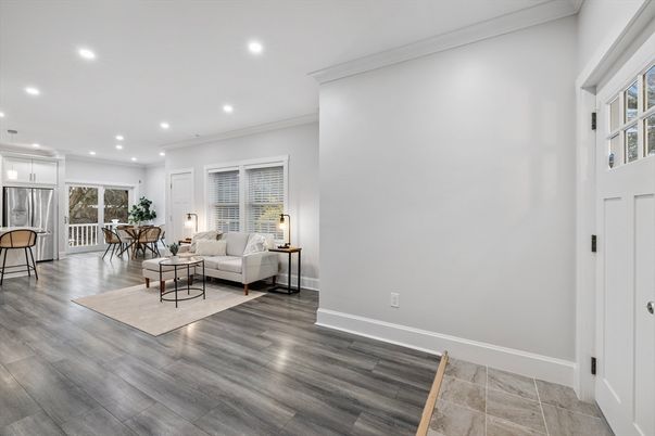 Dining room, Interior, Living room, Recessed Lighting, Wood Texture Flooring
