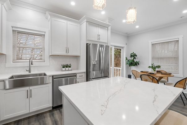 Dining room, Interior, Kitchen, Pendant Lights, Recessed Lighting, Stainless Steel Appliances, Wood Texture Flooring