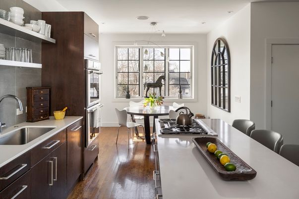 Dining room, Interior, Kitchen, Recessed Lighting, Stainless Steel Appliances, Wood Texture Flooring