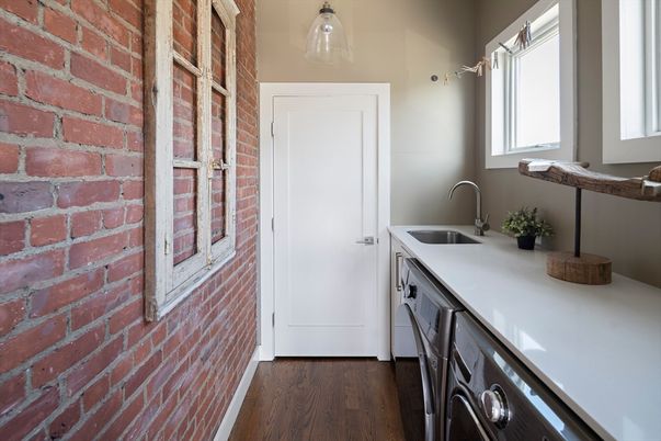 Interior, Kitchen, Stone Walls, Washer, Wood Texture Flooring
