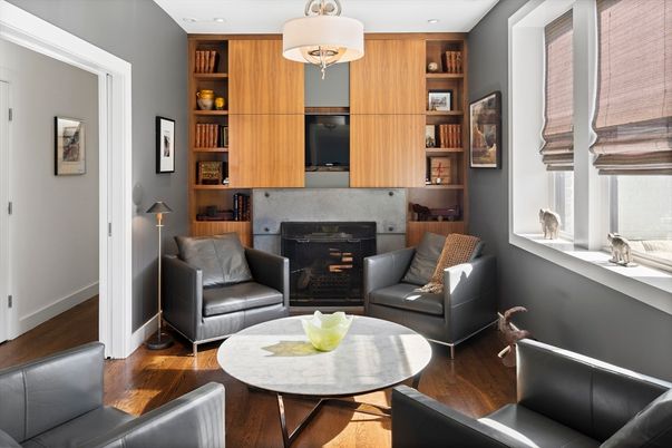 Fireplace, Interior, Living room, Recessed Lighting, Wood Texture Flooring