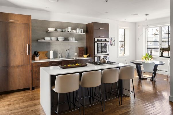 Dining room, Interior, Kitchen, Recessed Lighting, Stainless Steel Appliances, Wood Texture Flooring