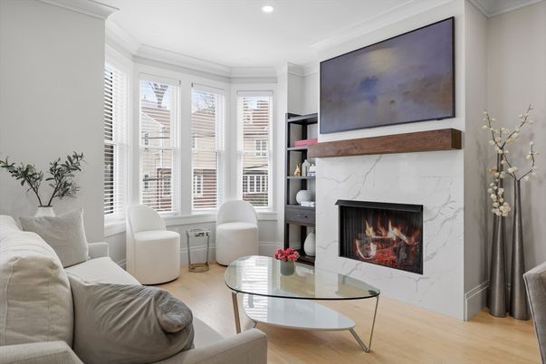 Fireplace, Interior, Living room, Recessed Lighting, Wood Texture Flooring