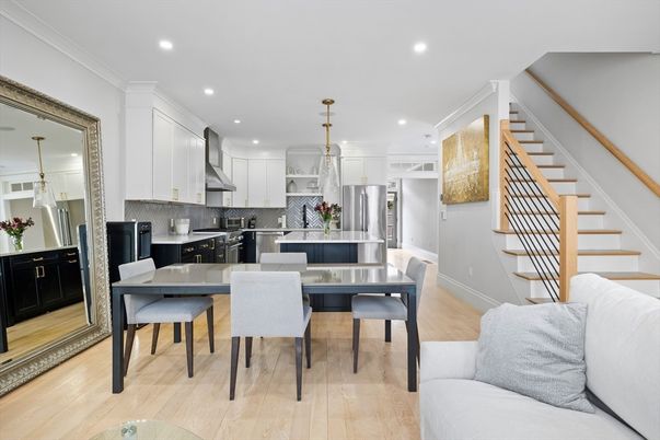 Dining room, Interior, Kitchen, Pendant Lights, Recessed Lighting, Stainless Steel Appliances, Wood Texture Flooring