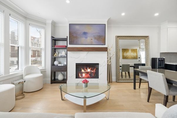 Dining room, Fireplace, Interior, Living room, Recessed Lighting, Wood Texture Flooring