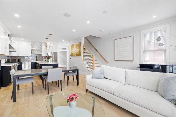 Dining room, Interior, Kitchen, Living room, Pendant Lights, Recessed Lighting, Stainless Steel Appliances, Wood Texture Flooring