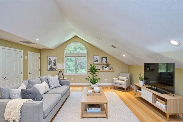 Interior, Living room, Recessed Lighting, Wood Texture Flooring