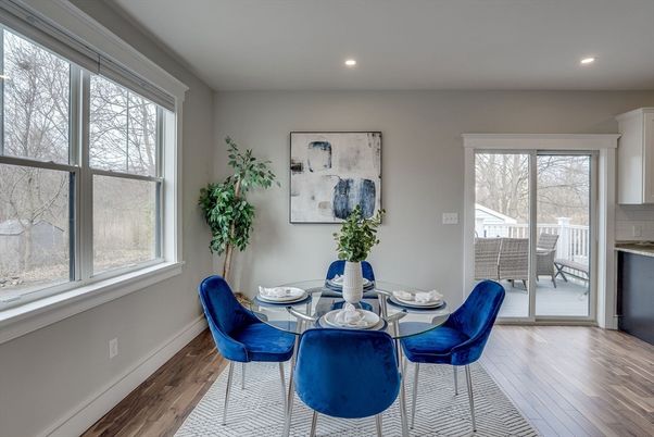 Dining room, Interior, Recessed Lighting, Wood Texture Flooring