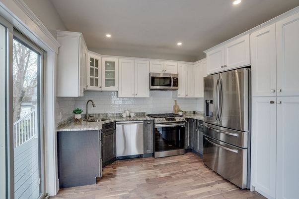 Interior, Kitchen, Recessed Lighting, Stainless Steel Appliances, Wood Texture Flooring