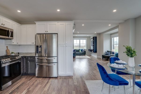 Dining room, Interior, Kitchen, Living room, Recessed Lighting, Stainless Steel Appliances, Wood Texture Flooring