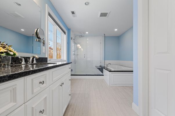 Bathroom, Dual Sink Vanities, Glass Shower, Interior, Recessed Lighting