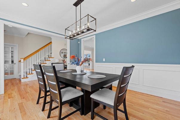 Dining room, Interior, Pendant Lights, Recessed Lighting, Wood Texture Flooring