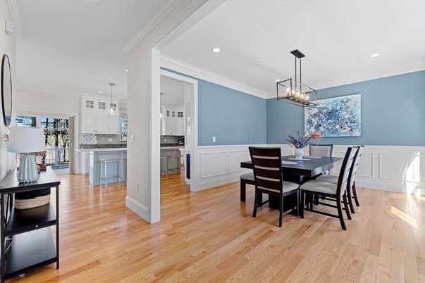 Dining room, Interior, Pendant Lights, Recessed Lighting, Wood Texture Flooring