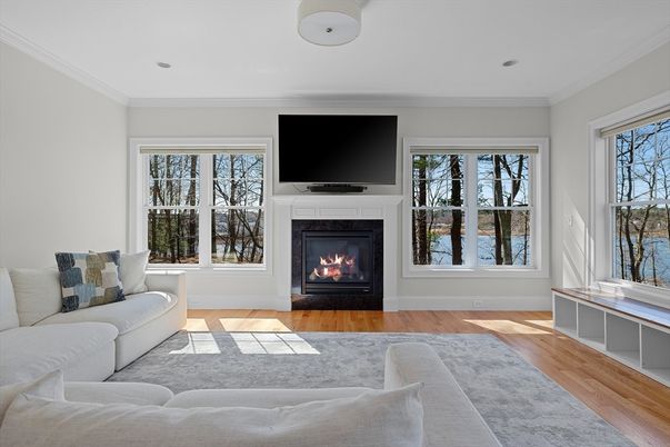 Fireplace, Interior, Living room, Recessed Lighting, Wood Texture Flooring