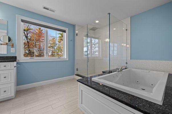Bathroom, Glass Shower, Interior, Recessed Lighting, Wood Texture Flooring
