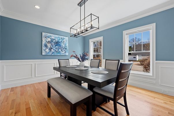 Dining room, Interior, Pendant Lights, Recessed Lighting, Wood Texture Flooring