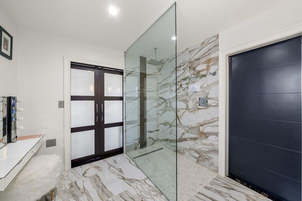 Bathroom, Glass Shower, Interior, Marble, Marble Walls, Recessed Lighting