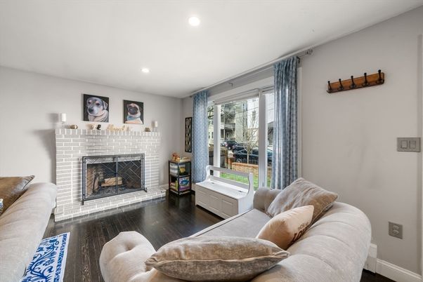 Fireplace, Interior, Living room, Recessed Lighting, Wood Texture Flooring