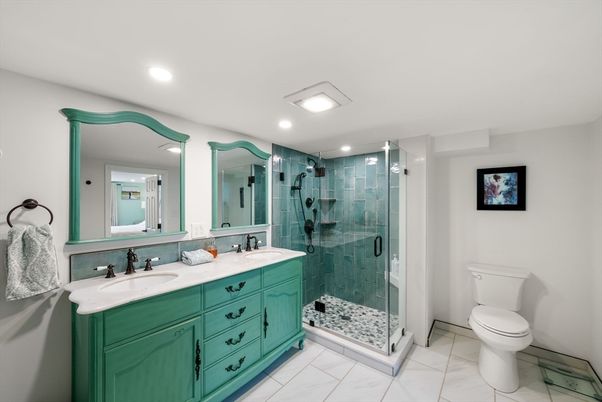 Bathroom, Dual Sink Vanities, Glass Shower, Interior, Marble, Recessed Lighting