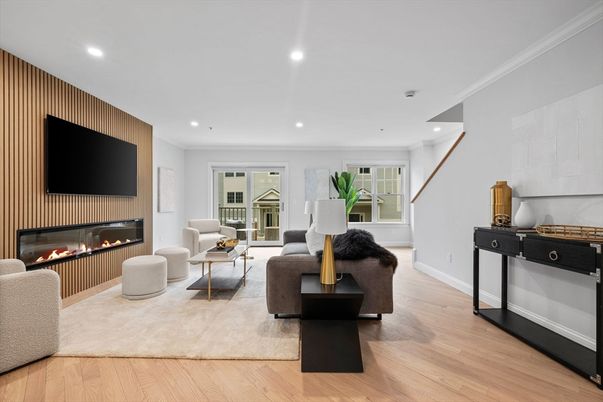 Fireplace, Interior, Living room, Recessed Lighting, Wood Texture Flooring