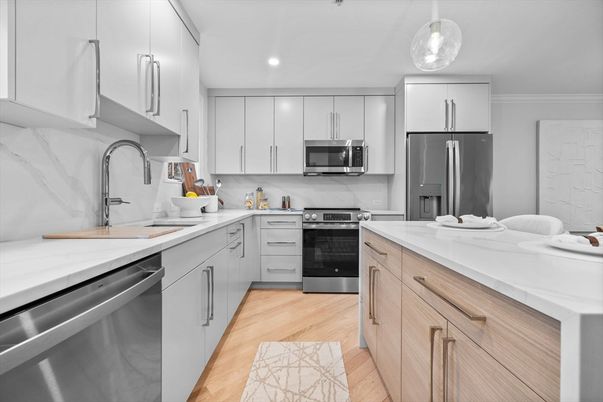 Interior, Kitchen, Pendant Lights, Recessed Lighting, Stainless Steel Appliances, Wood Texture Flooring