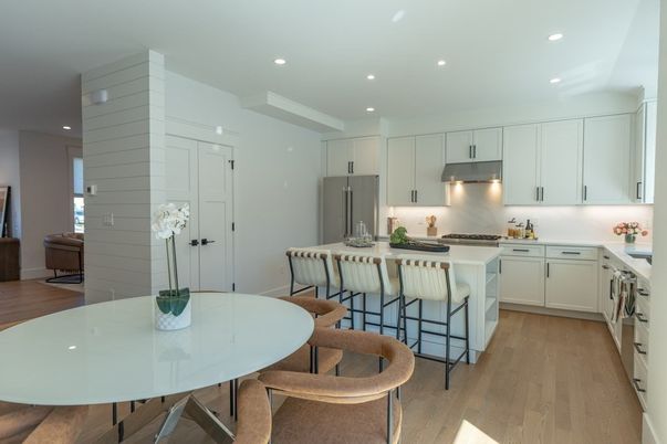Dining room, Interior, Kitchen, Recessed Lighting, Stainless Steel Appliances, Wood Texture Flooring