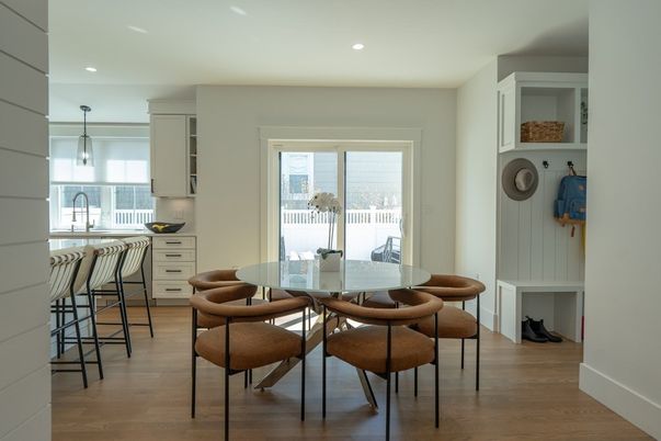 Dining room, Interior, Kitchen, Pendant Lights, Recessed Lighting, Wood Texture Flooring