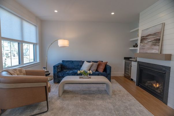 Fireplace, Interior, Living room, Recessed Lighting, Wood Texture Flooring