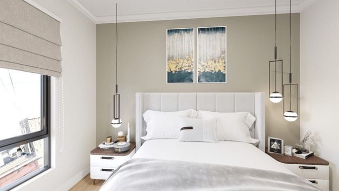 Bedroom, Interior, Pendant Lights, Wood Texture Flooring