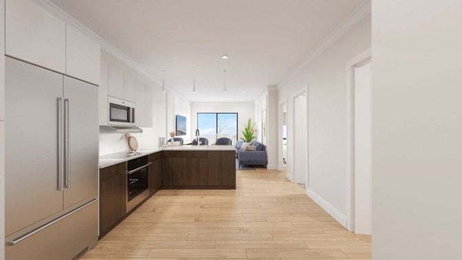 Interior, Kitchen, Living room, Recessed Lighting, Wood Texture Flooring