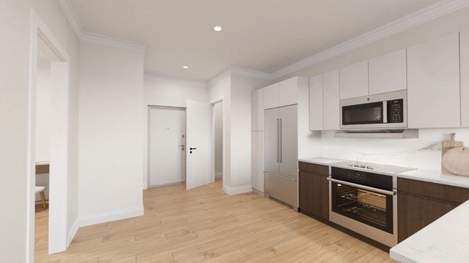 Interior, Kitchen, Recessed Lighting, Stainless Steel Appliances, Wood Texture Flooring