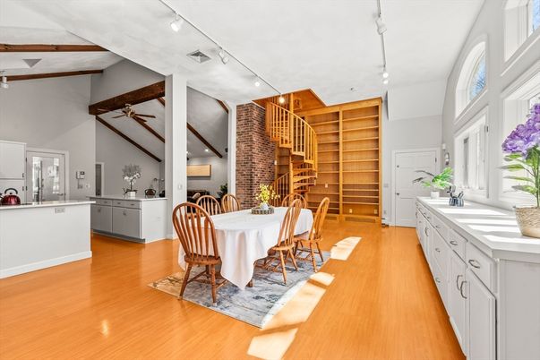 Dining room, Interior, Kitchen, Recessed Lighting, Wooden Beams, Wood Texture Flooring