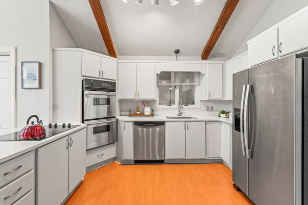 Interior, Kitchen, Stainless Steel Appliances, Wooden Beams, Wood Texture Flooring