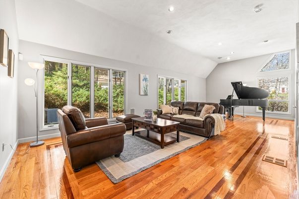 Interior, Living room, Piano, Recessed Lighting, Wood Texture Flooring