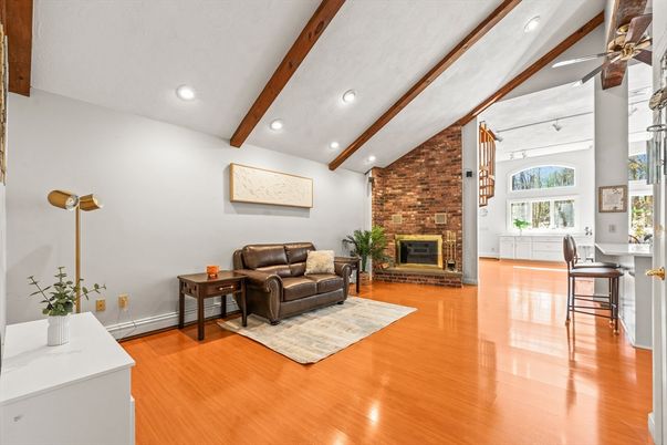 Fireplace, Interior, Recessed Lighting, Stone Walls, Wooden Beams, Wood Texture Flooring