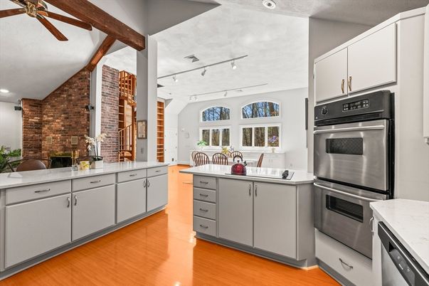 Interior, Kitchen, Recessed Lighting, Stainless Steel Appliances, Stone Walls, Wooden Beams, Wood Texture Flooring