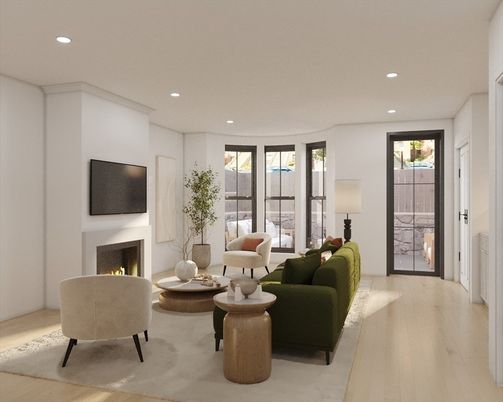 Fireplace, Interior, Living room, Recessed Lighting, Wood Texture Flooring